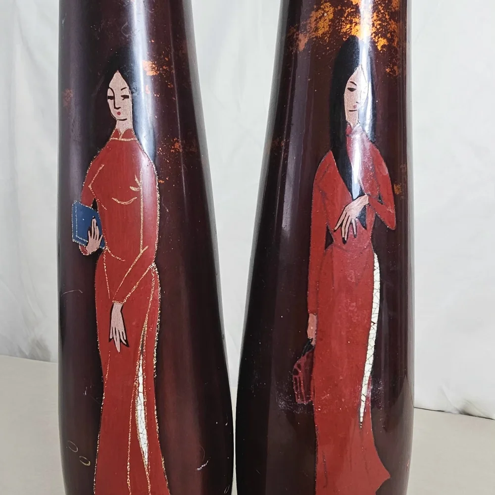 Vintage Vietnam Handicraft Lacquerware Vases Set of 2 Ao Dai Eggshell Inlay Arts